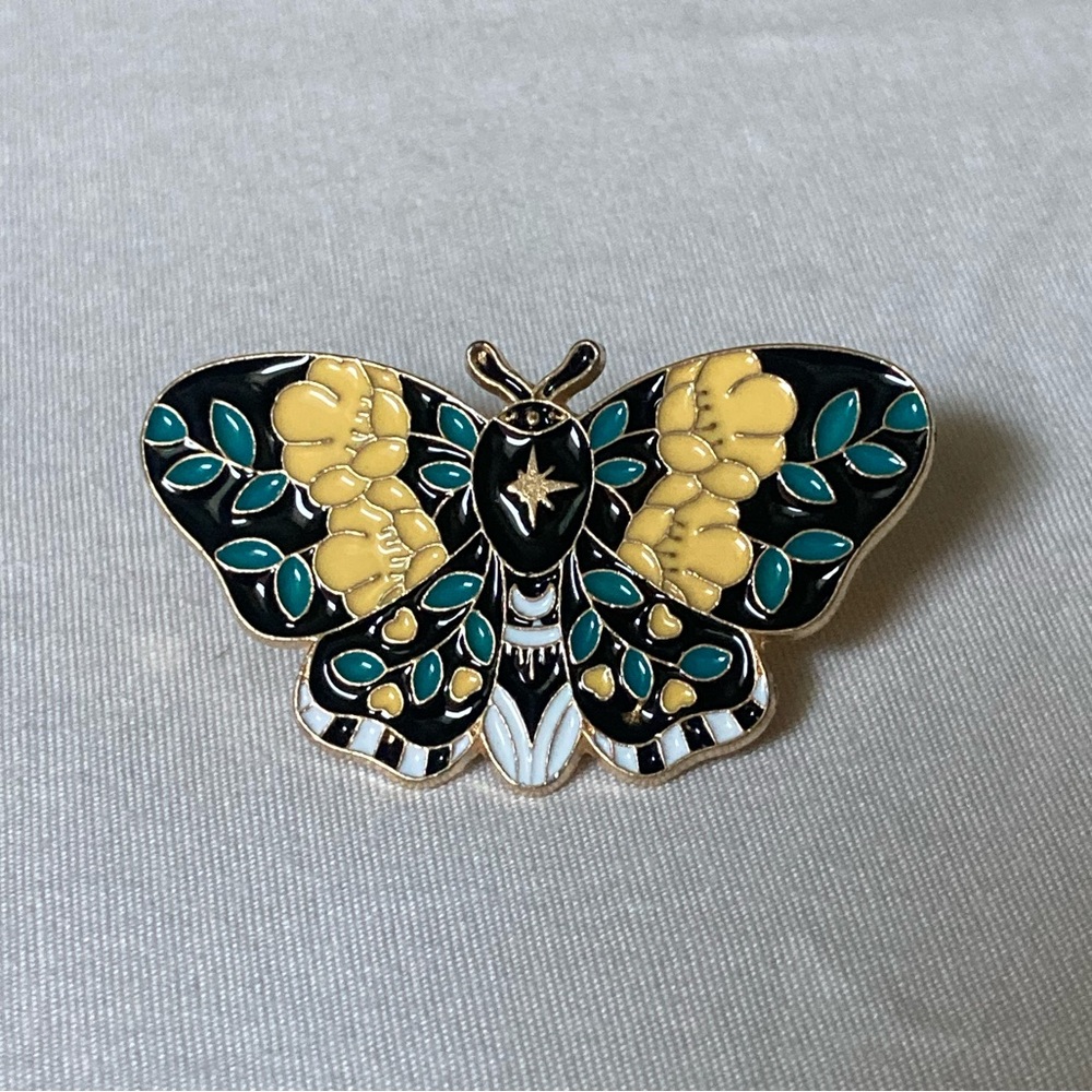 Teal and Yellow Butterfly Enameled Brooch Pin